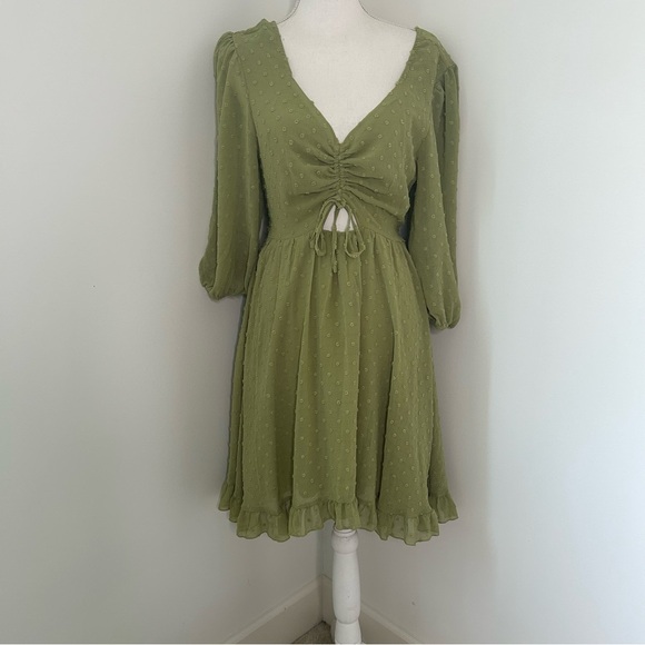 EXLURA Swiss Dot Sheer Puff Long Peasant Sleeve Ruched Front Mini Dress Size XL - Picture 2 of 13